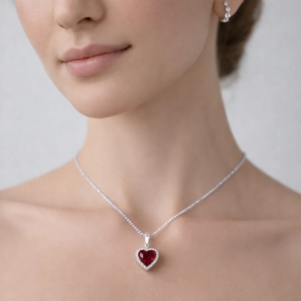 Collar Corazón Rubí Plata 925 puesto modelo