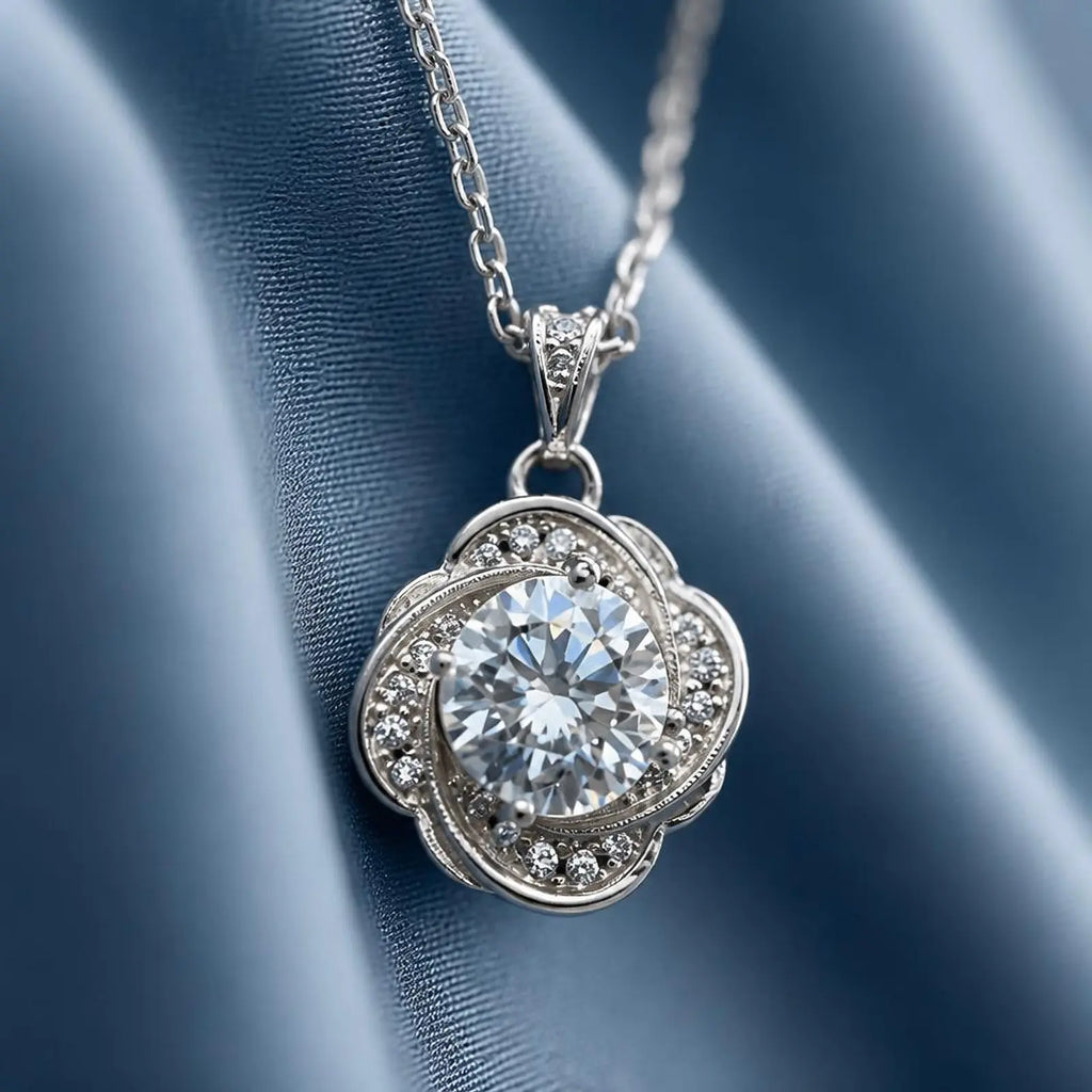 Collar flor moissanita plata 925 vista frontal con detalle
