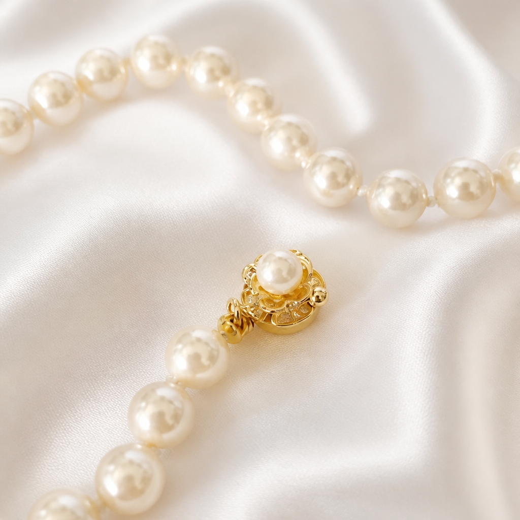 Detalle cierre floral dorado collar Perlas Mallorca 7mm