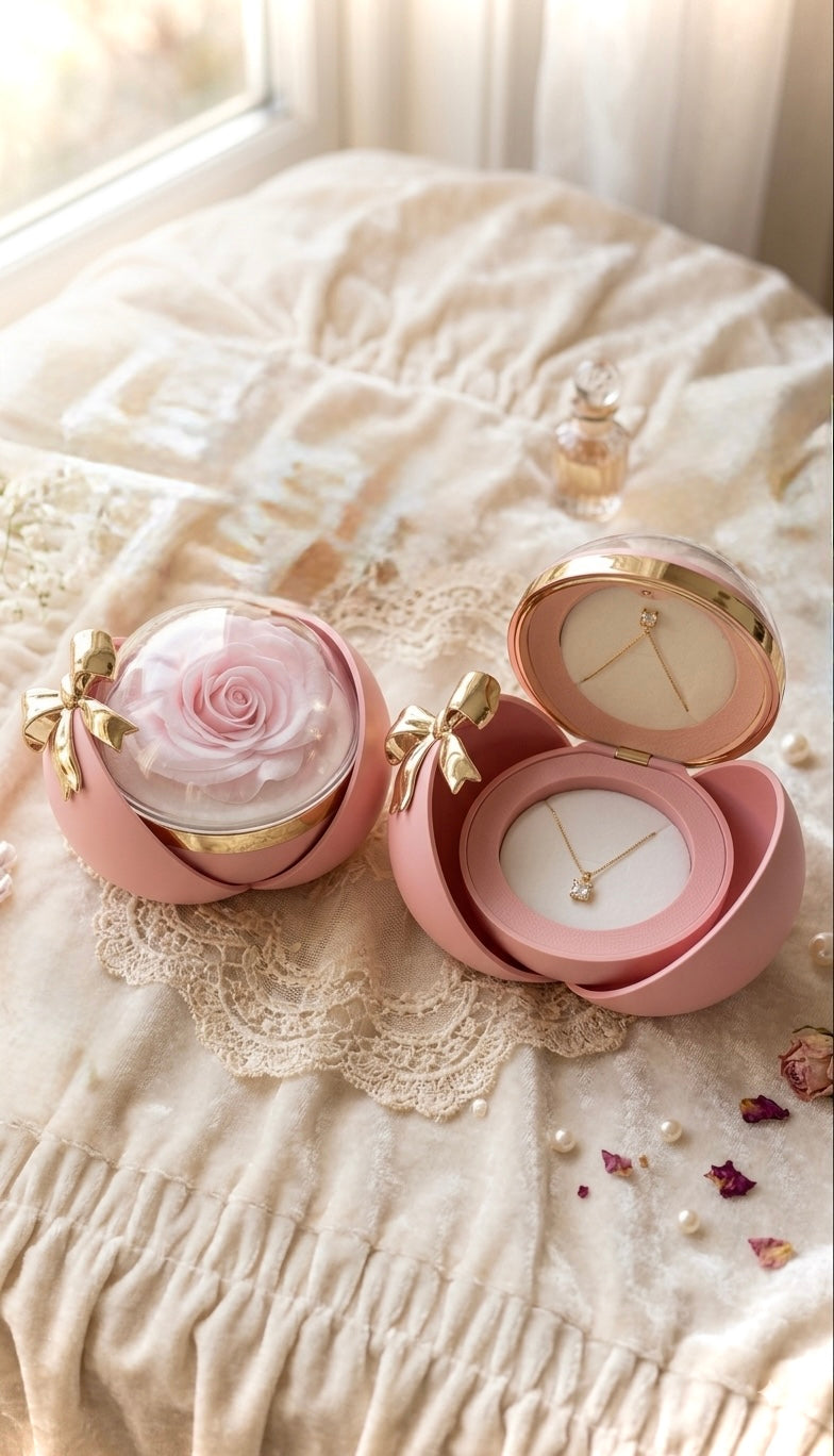 Set Esfera Joyero rosa con rosa preservada y collar punto de luz