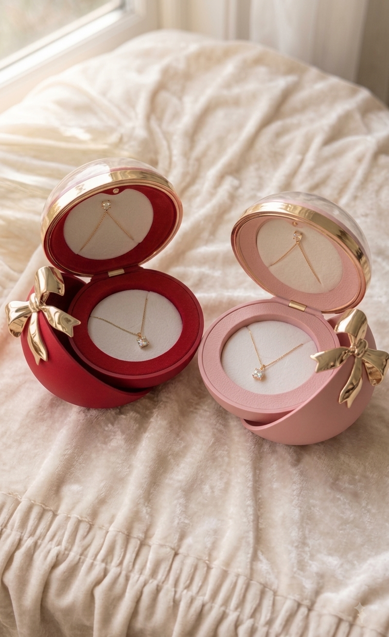 Set Esfera Joyero rosa y rojo con collar punto de luz oro 18K