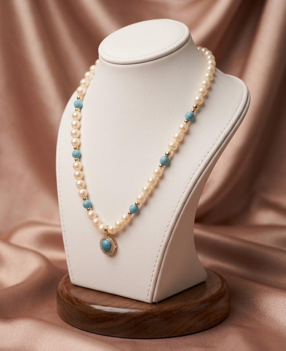 Collar de Perlas con Turquesa Dorado lateral busto