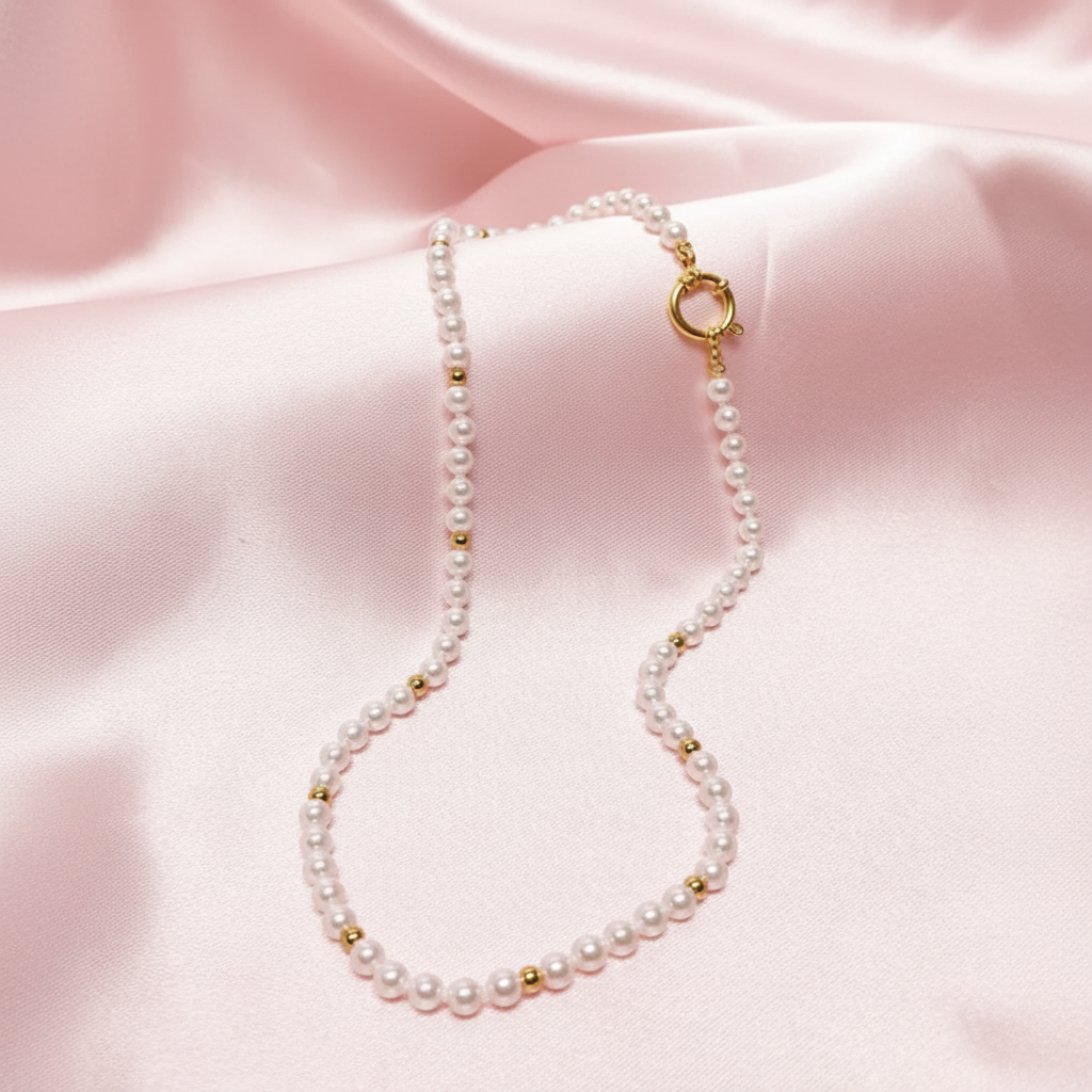Collar de perlas con fondo rosa