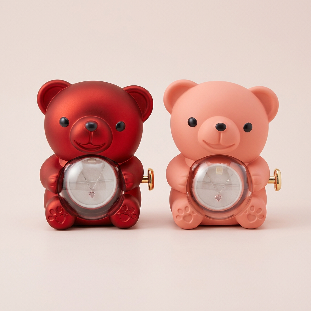 Joyeros osito rojo y rosa centrados sobre fondo rosa claro neutro
